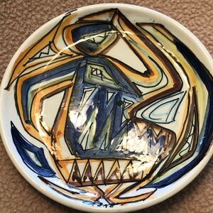 Abstract Hand-Painted Ceramic Plate in Blue and Gold Vintage Italian-Abstract